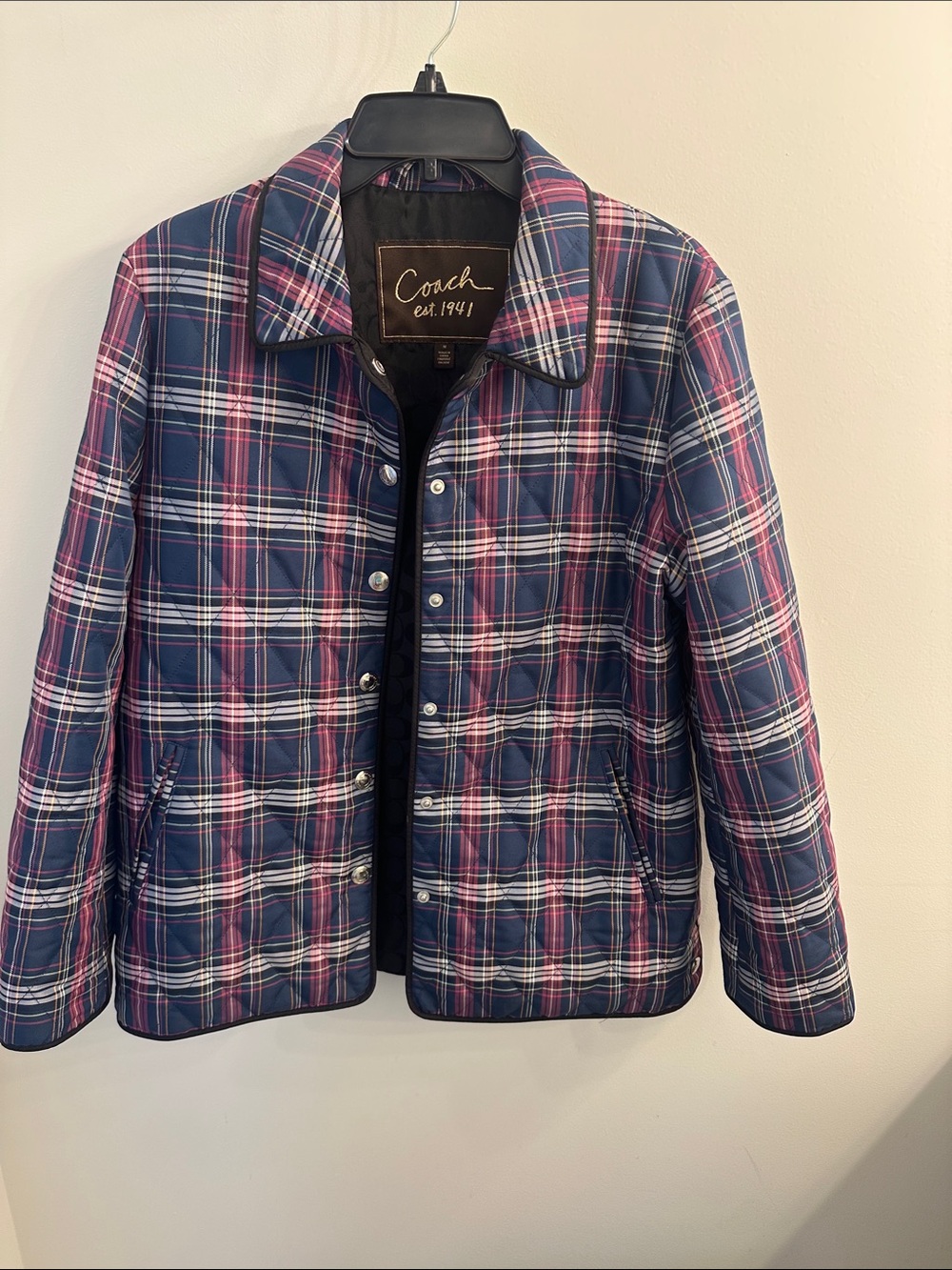 Coach Plaid Quilted Snap Front Jacket in Navy and Pink SZ M